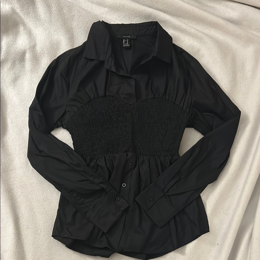 Forever 21 Black Collared Dress or Long Shirt with Cinched Waist